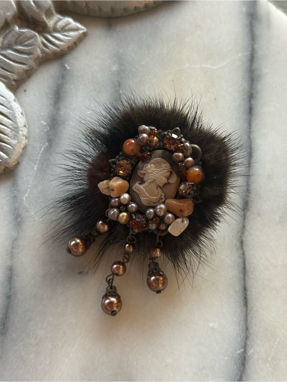 Vintage Cameo Mink Fur Brooch - Women's Jewelry